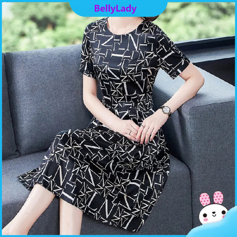 Women Ice Silk Dress Loose Slim Letter Print Round Neck Pullover High Waist A-line Skirt Mid-length Skirt Short Sleeve Dress