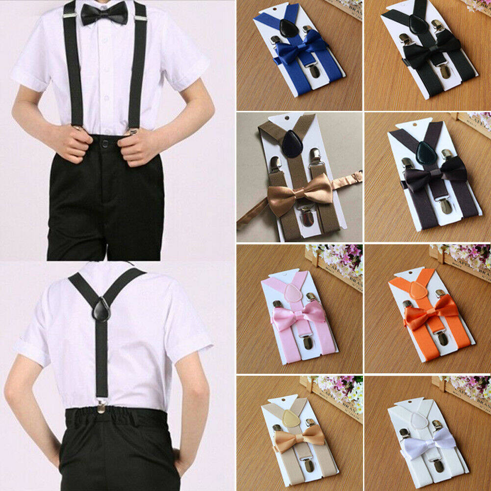M&B home Kids Boys British Gentleman Elastic Suspenders + Bow Tie Wedding Party Best Man Formal Outfit Adjustable Y-Back Strap Tuxedo Suit Accessories