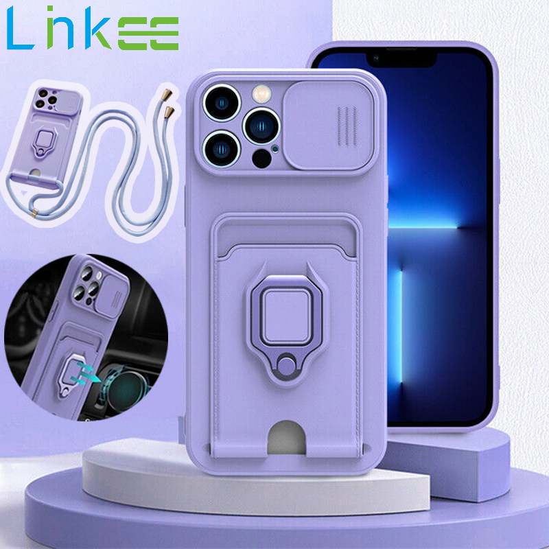 For Apple iPhone 15 14 13 11 12 Pro Max Plus mini Phone Case, Crossbody Necklace Strap Lanyard Magnetic Ring Card Slots Holder Cover