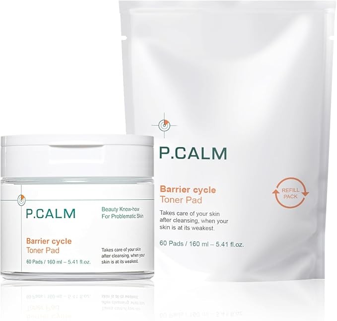 P.CALM Barrier Cycle Toner Pad with Refill Pack 60 + 60 Pads | Korean Skincare Daily Toner Pad for Calming Hydrating Soothing Sebum Care for Sensitive Skin | Vegan Cruelty-Free Fragrance-Free